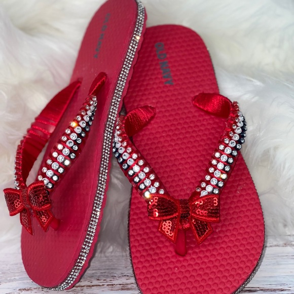 Childrens Old Navy| Red White Blue Crystal Flip Flops/Sandals Sz 12/13| Memorial - Picture 9 of 16